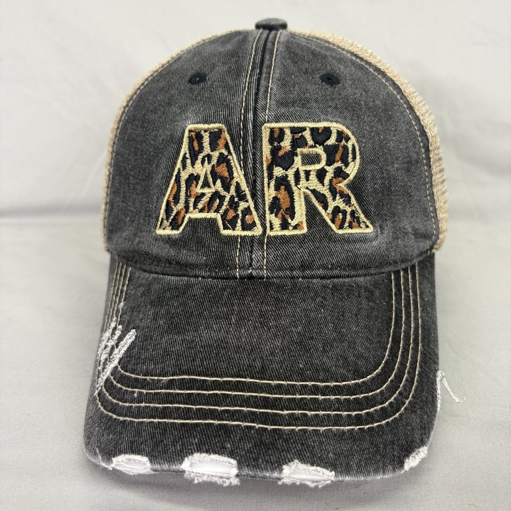 Katydid Trucker Hat AR Arkansas Women OSFM Gray Distressed Leopard Patch